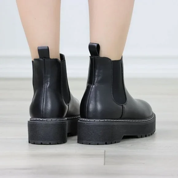 Womens Combat Boots Slip On Platform Chelsea Bootie Chunky Lugged Sole - Picture 12 of 13